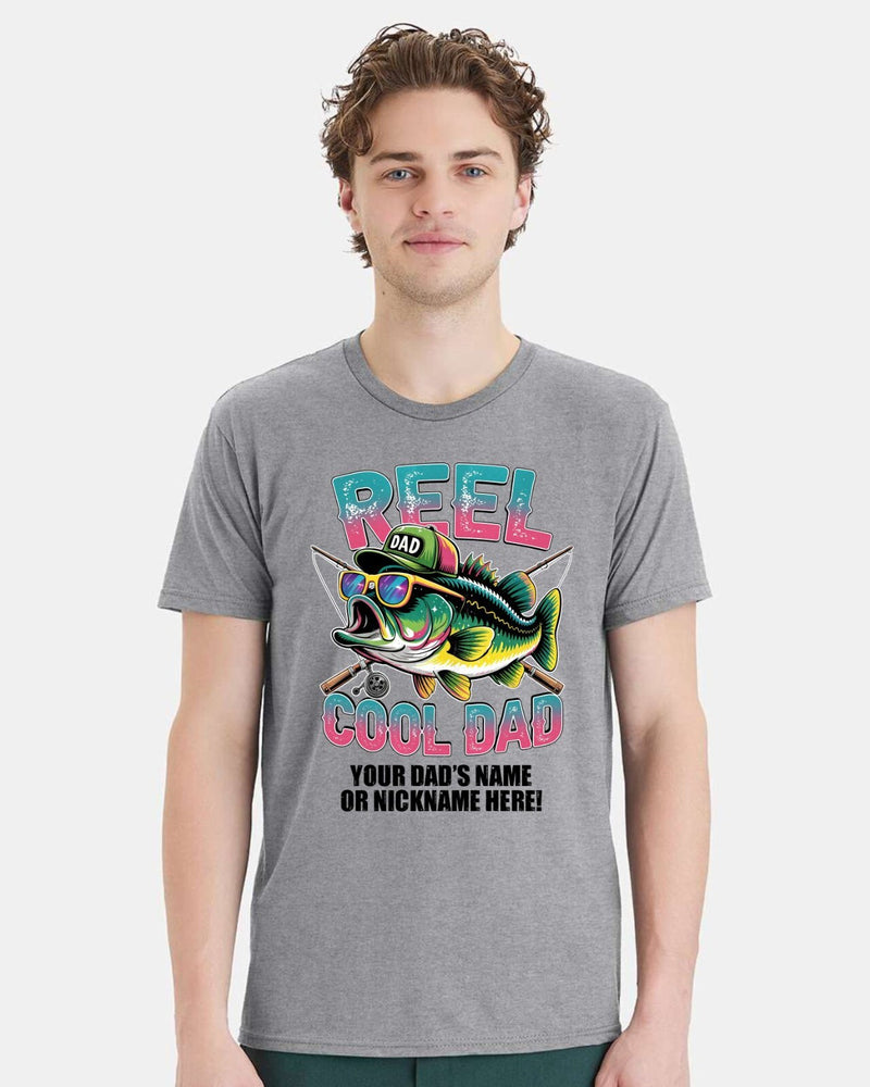 Reel Cool Dad Tshirt Fathers Day Shirt Fish with Hat and Custom Dad's Name Below