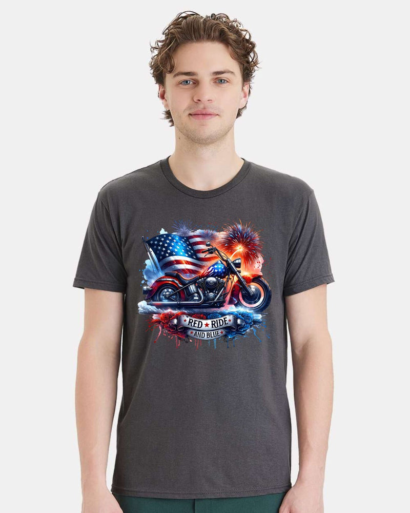 4th of July Independence day Tshirt Red Ride and Blue Motorcycle Printed Tshirt