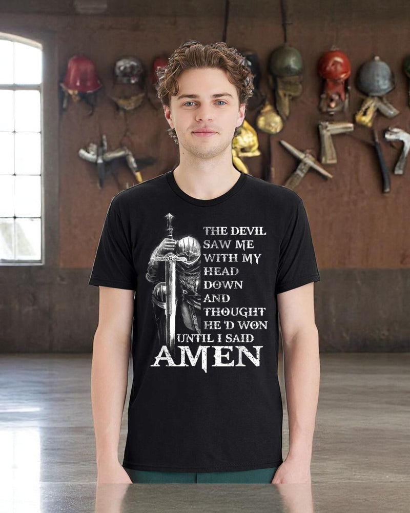 Mens Christian T-shirt Devil Thought He'd Won Until I said AMEN Short sleeve