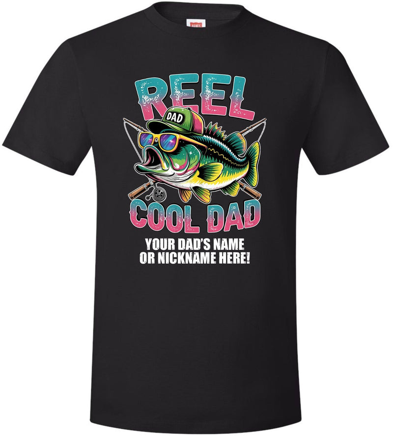 Reel Cool Dad Tshirt Fathers Day Shirt Fish with Hat and Custom Dad's Name Below