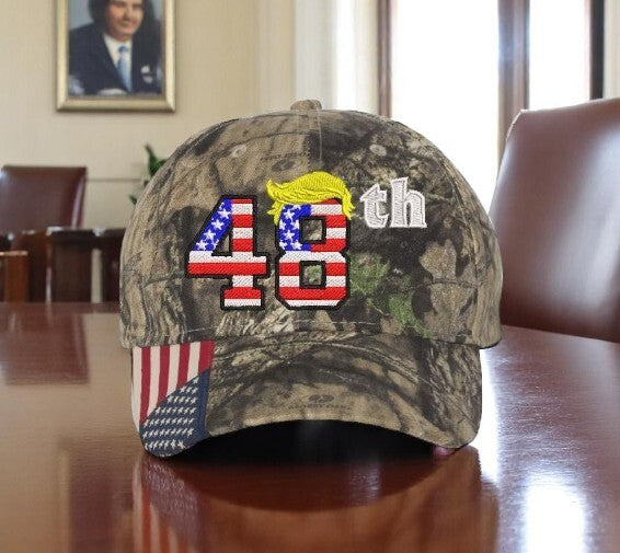Trump 2028 Hat 48th President Adjustable Mossy Oak Hat with 48th and Trump Hair