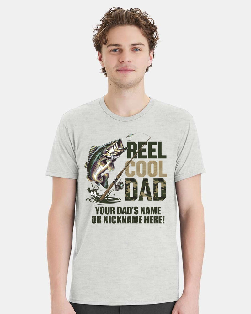 Reel Cool Dad Tshirt Fathers Day CAMO DESIGN with your dad's custom name printed