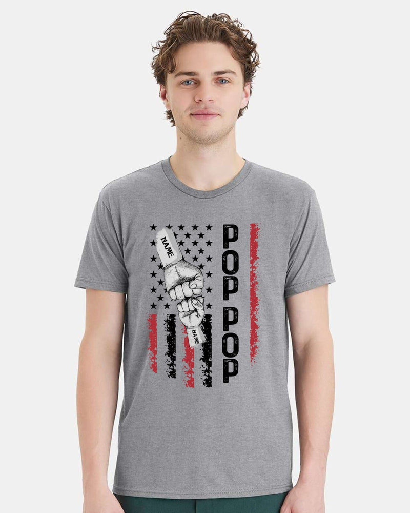 Father's Day Tshirt - POP POP Flag Design with your custom names in the fists