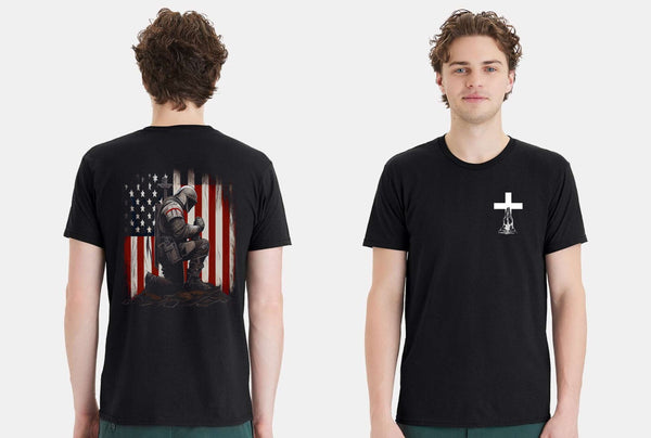 Christian Mens T-shirt Kneeling at the Cross USA Flag Short Sleeve Jesus Shirt