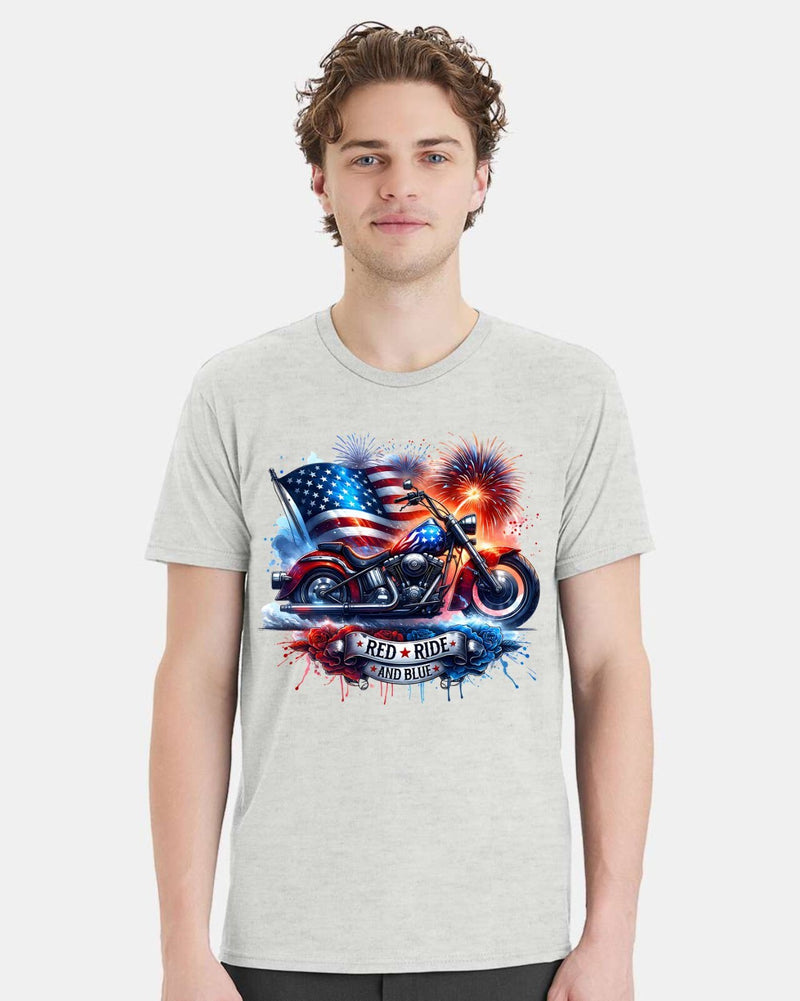 4th of July Independence day Tshirt Red Ride and Blue Motorcycle Printed Tshirt