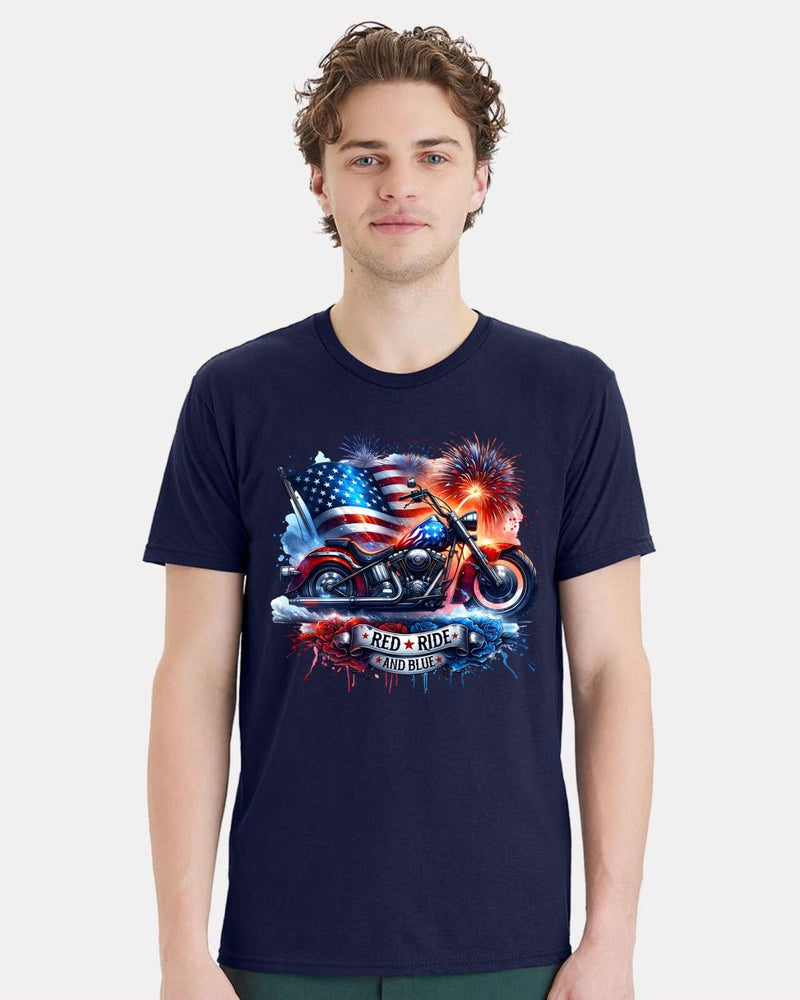 4th of July Independence day Tshirt Red Ride and Blue Motorcycle Printed Tshirt