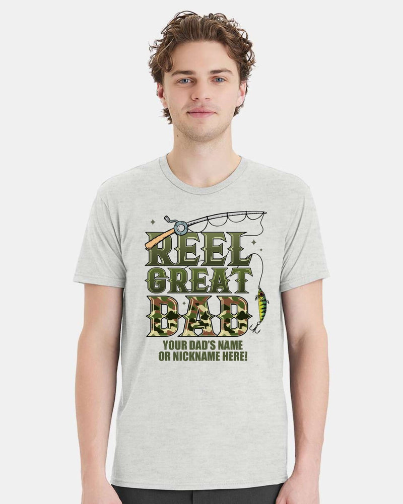 Fathers Day Tshirt Reel Great Dad Pole Fish with your dad's custom name printed