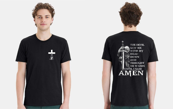 Mens Christian T-shirt Devil Thought He'd Won Until I said AMEN Short sleeve