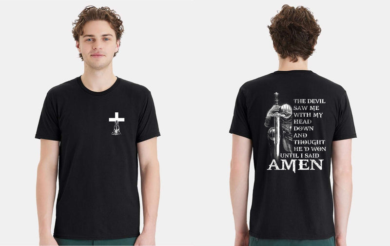 Mens Christian T-shirt Devil Thought He'd Won Until I said AMEN Short sleeve