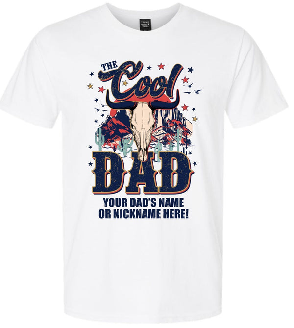Reel Cool Dad Tshirt Fathers Day Shirt Bull Horns and Custom Dad's Name Below