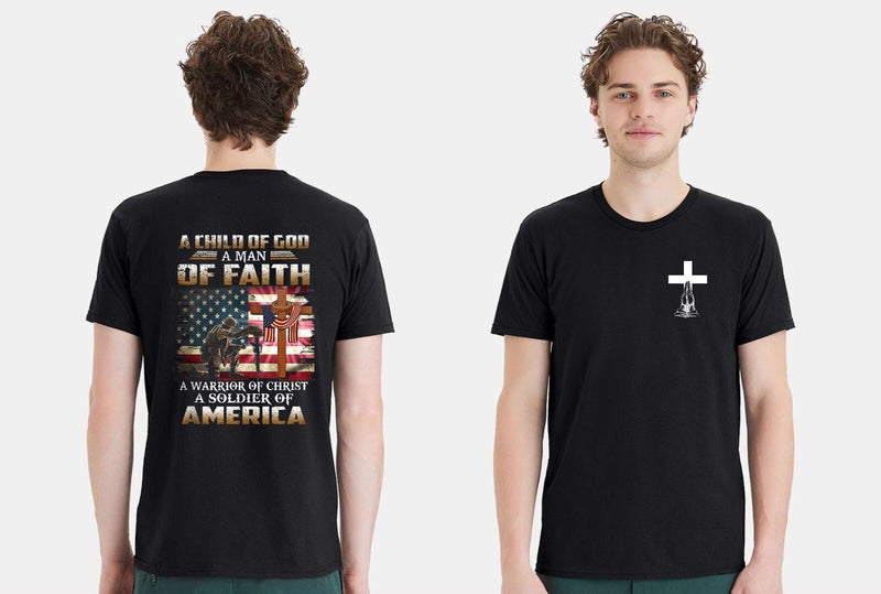 Christian Mens T-shirt Child of God Man of Faith America USA Short Sleeve Shirt