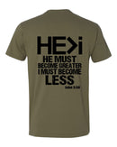 Christian Men's T-shirt HE IS GREATER THAN I Olive Green Jesus Inspirational Tee