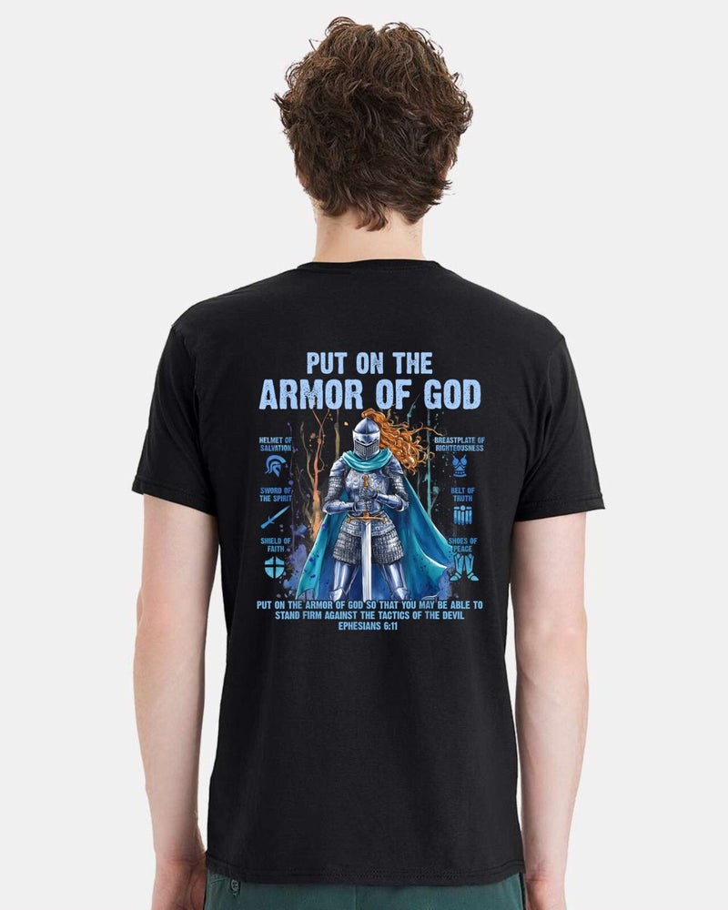 Christian Mens T-shirt "Put on the Full Armor Blue" Black Short Sleeve Shirt