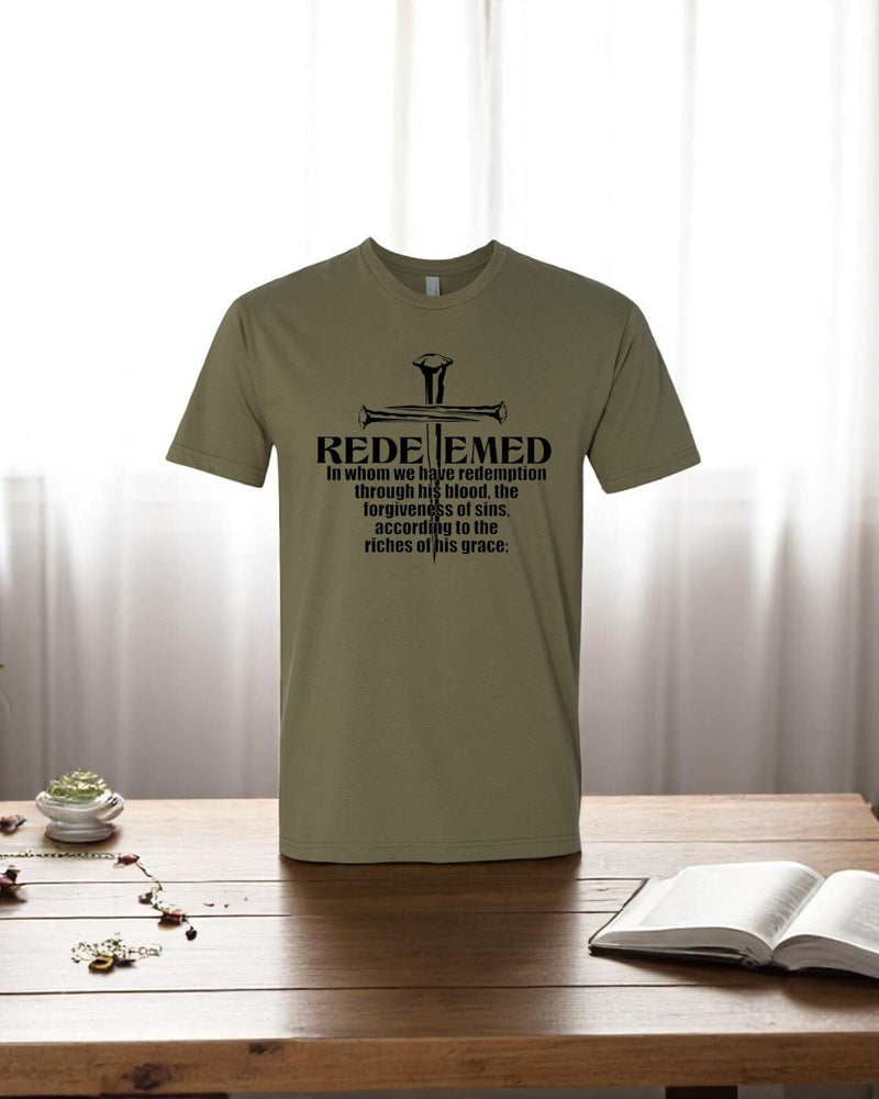 Christian Men's T-Shirt REDEEMED 3 NAILS CROSS Olive Green Short Sleeve Shirt