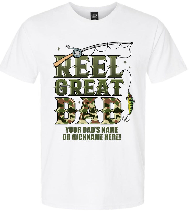 Fathers Day Tshirt Reel Great Dad Pole Fish with your dad's custom name printed