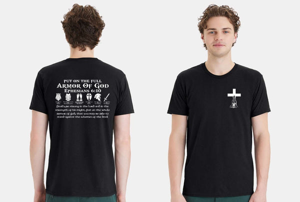 Christian Mens T-shirt " Put on the Full Armor of God Black Short Sleeve Shirt