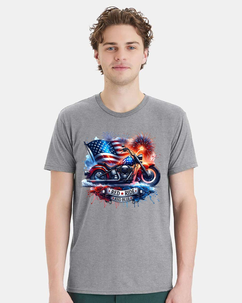 4th of July Independence day Tshirt Red Ride and Blue Motorcycle Printed Tshirt