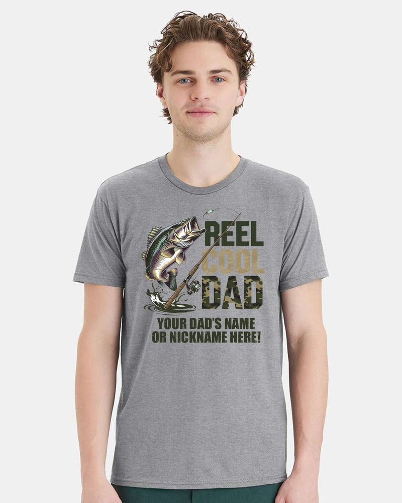 Reel Cool Dad Tshirt Fathers Day CAMO DESIGN with your dad's custom name printed
