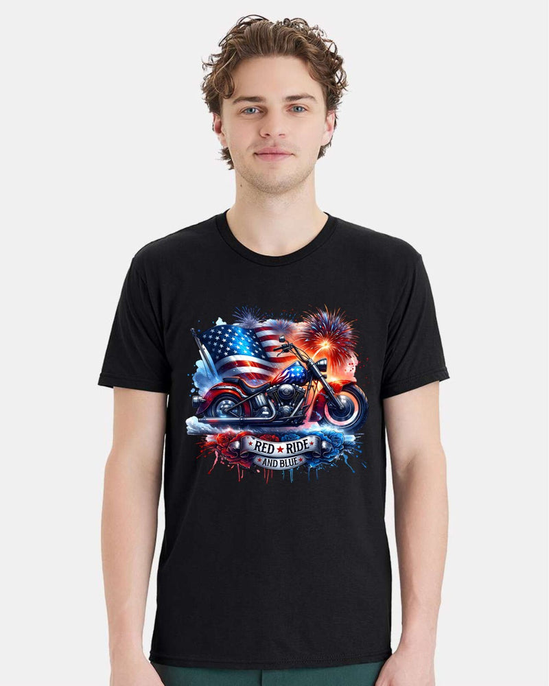 4th of July Independence day Tshirt Red Ride and Blue Motorcycle Printed Tshirt