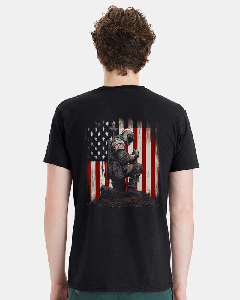 Christian Mens T-shirt "Jesus Christian Kneeling Flag" Black Short Sleeve Shirt