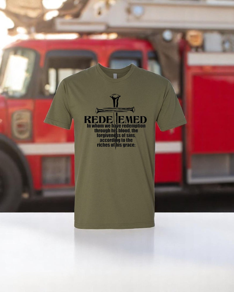 Christian Men's T-Shirt REDEEMED 3 NAILS CROSS Olive Green Short Sleeve Shirt