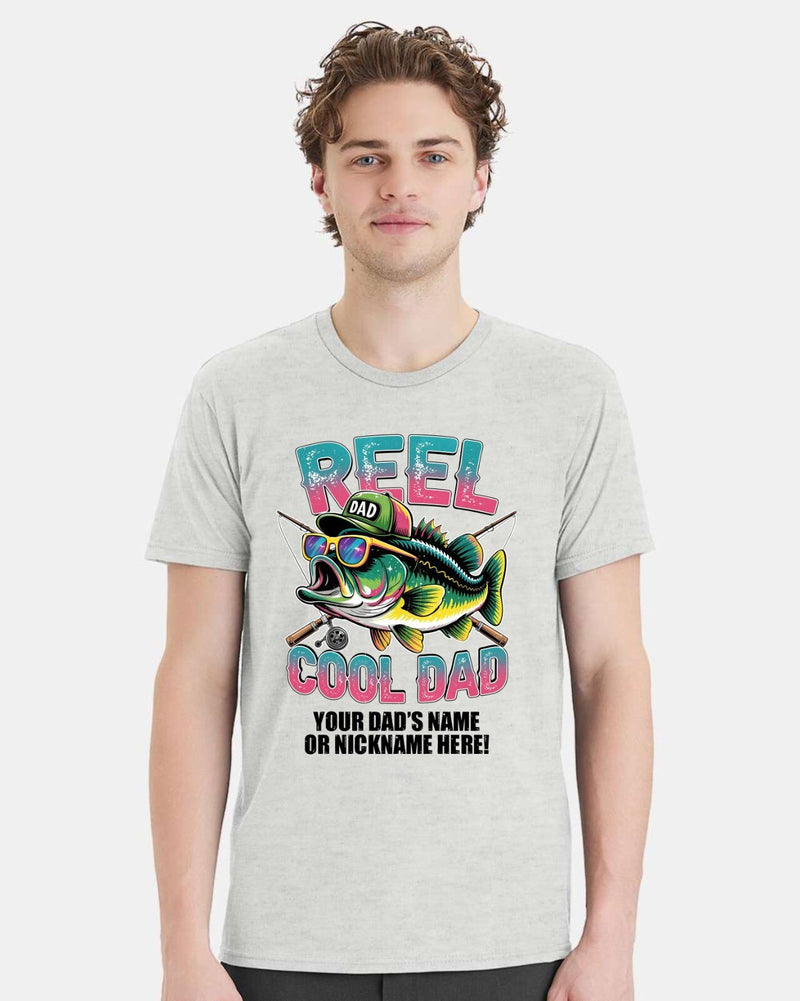 Reel Cool Dad Tshirt Fathers Day Shirt Fish with Hat and Custom Dad's Name Below