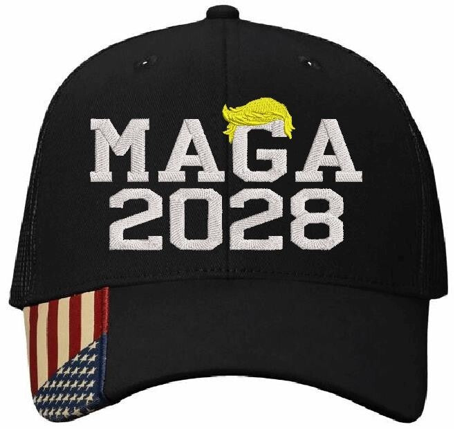 Trump Hat MAGA 2028 Embroidered Black Mesh Back Adjustable Hat w/ USA Flag Brim