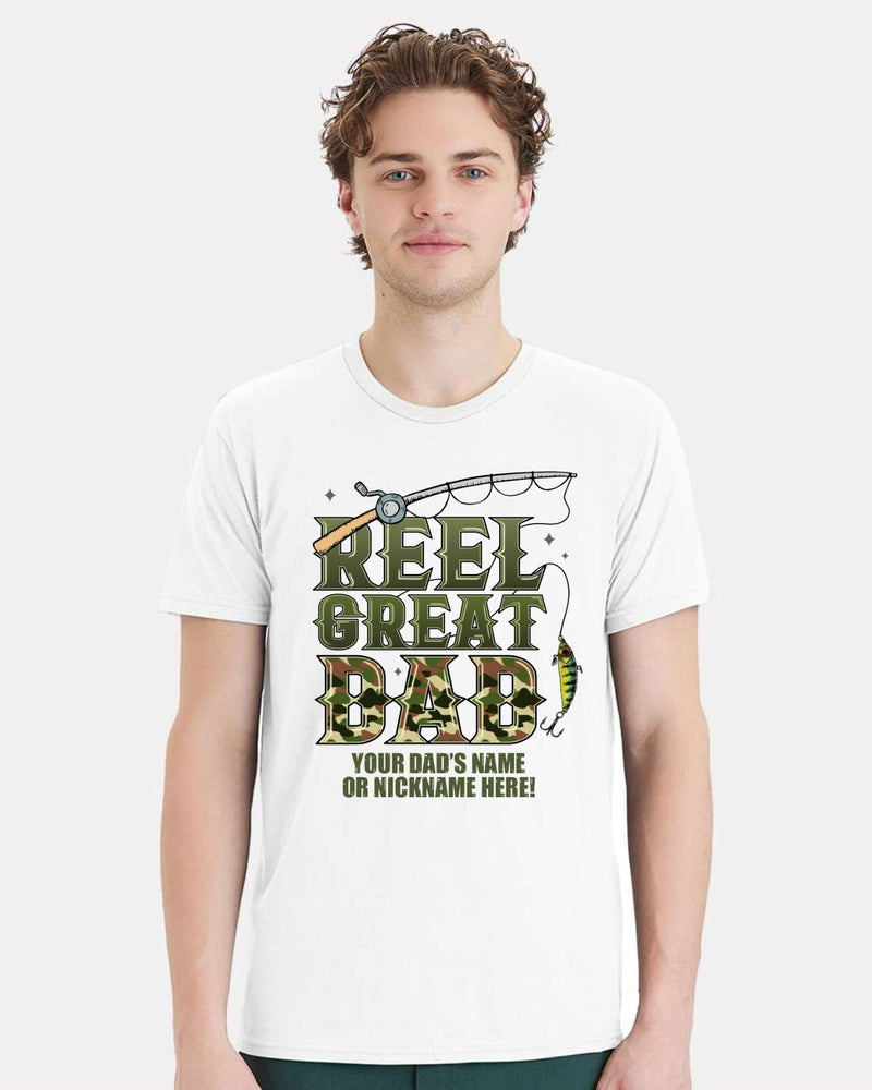 Fathers Day Tshirt Reel Great Dad Pole Fish with your dad's custom name printed