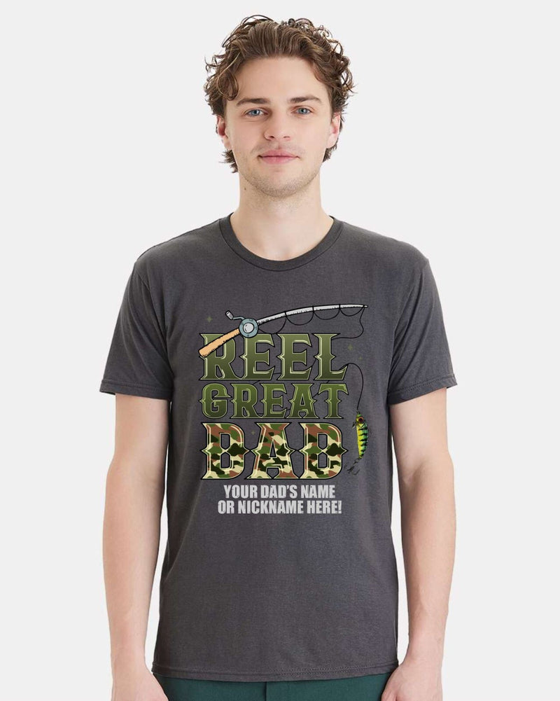 Fathers Day Tshirt Reel Great Dad Pole Fish with your dad's custom name printed