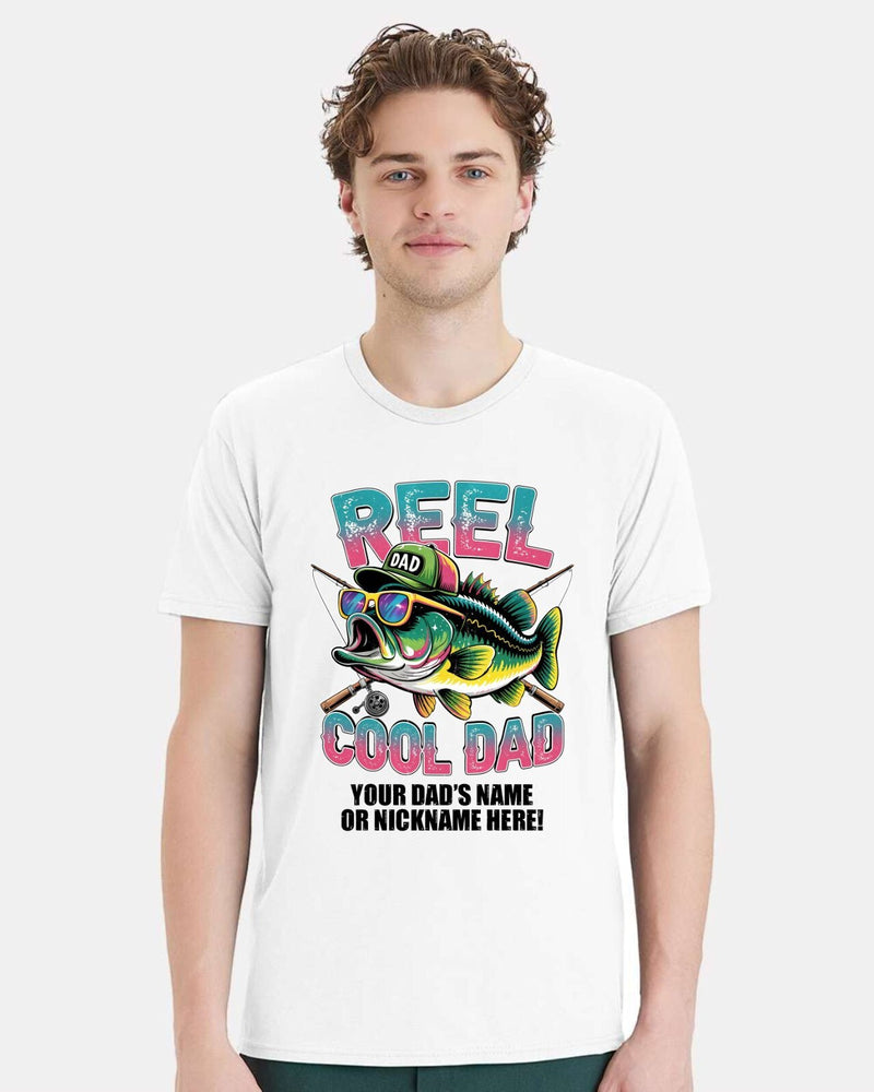 Reel Cool Dad Tshirt Fathers Day Shirt Fish with Hat and Custom Dad's Name Below