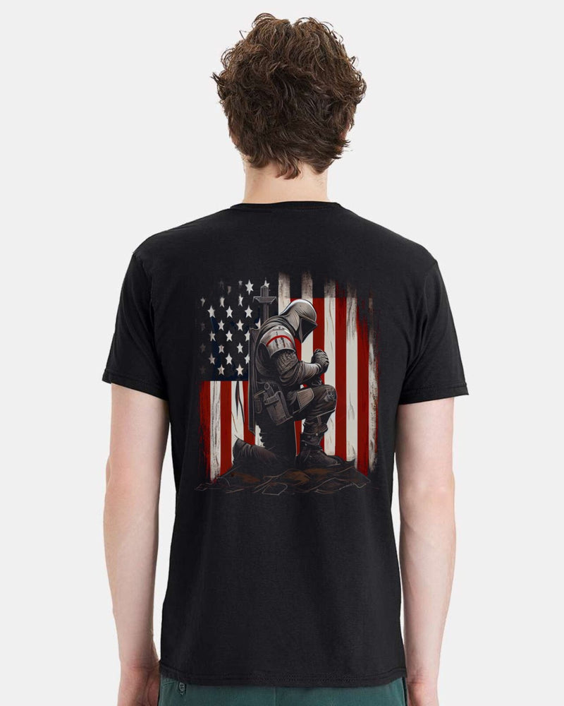 Christian Mens T-shirt Kneeling at the Cross USA Flag Short Sleeve Jesus Shirt