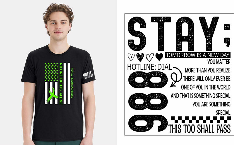 Mental Health Awareness Tshirt & FREE DECAL - Noone Fights Alone USA Flag Design