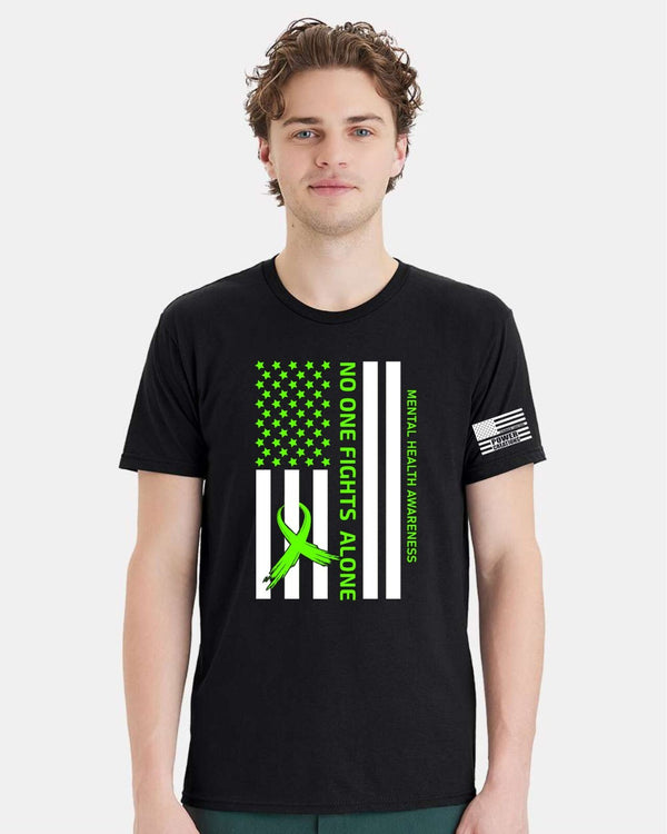 Mental Health Awareness Tshirt & FREE DECAL - Noone Fights Alone USA Flag Design