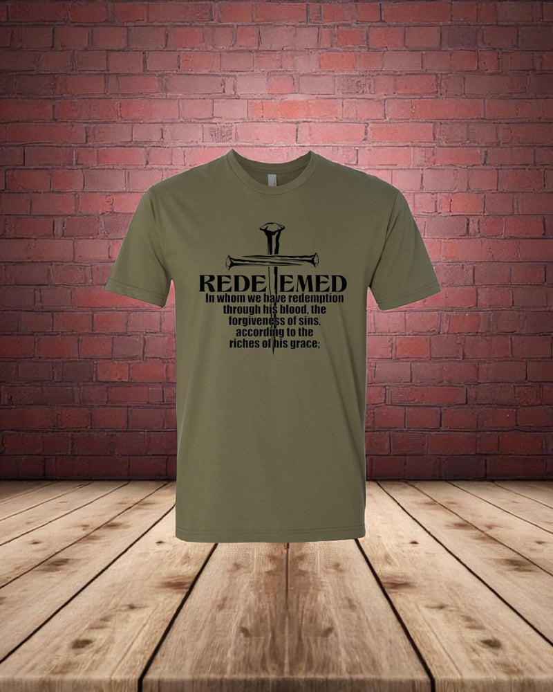 Christian Men's T-Shirt REDEEMED 3 NAILS CROSS Olive Green Short Sleeve Shirt