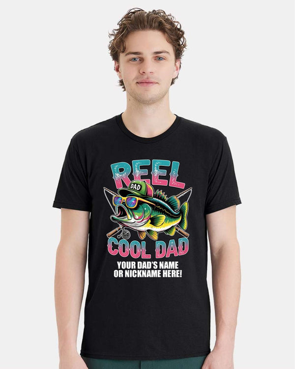 Reel Cool Dad Tshirt Fathers Day Shirt Fish with Hat and Custom Dad's Name Below