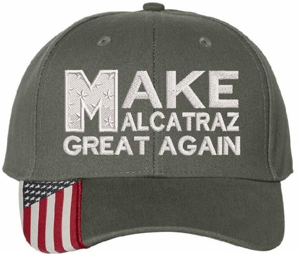 Make Alcatraz Great Again Hat Embroidered Adjustable Hat Green USA Flag Adj. Hat