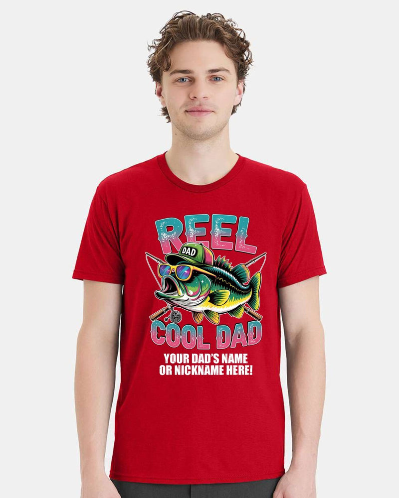 Reel Cool Dad Tshirt Fathers Day Shirt Fish with Hat and Custom Dad's Name Below