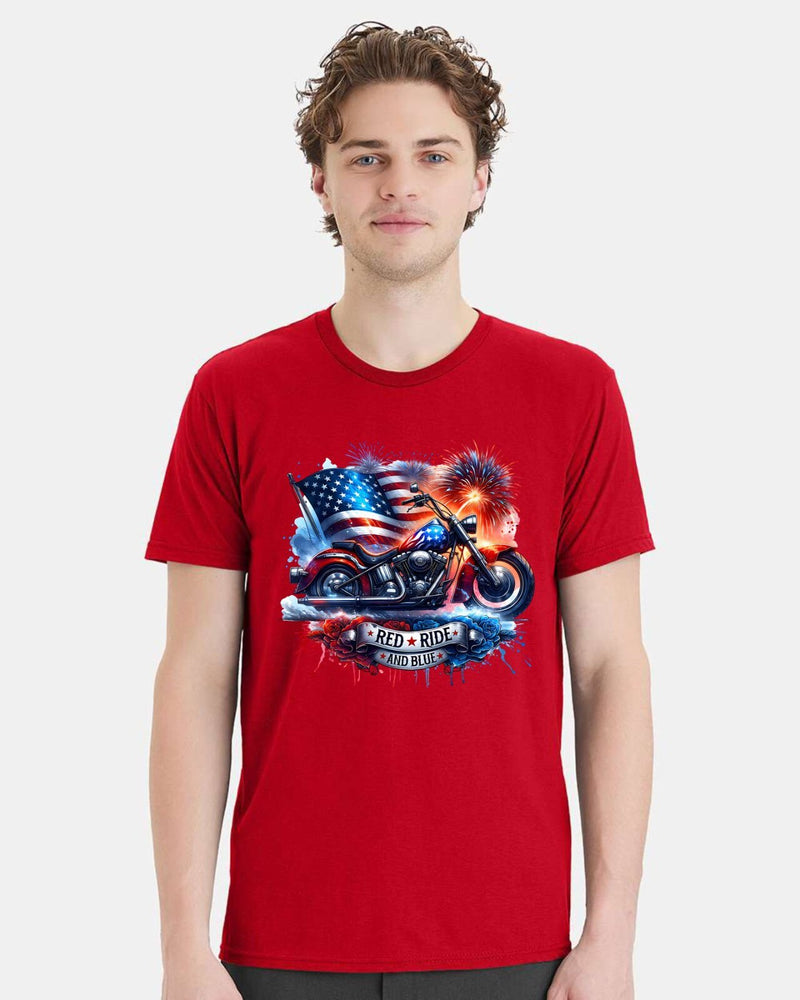 4th of July Independence day Tshirt Red Ride and Blue Motorcycle Printed Tshirt