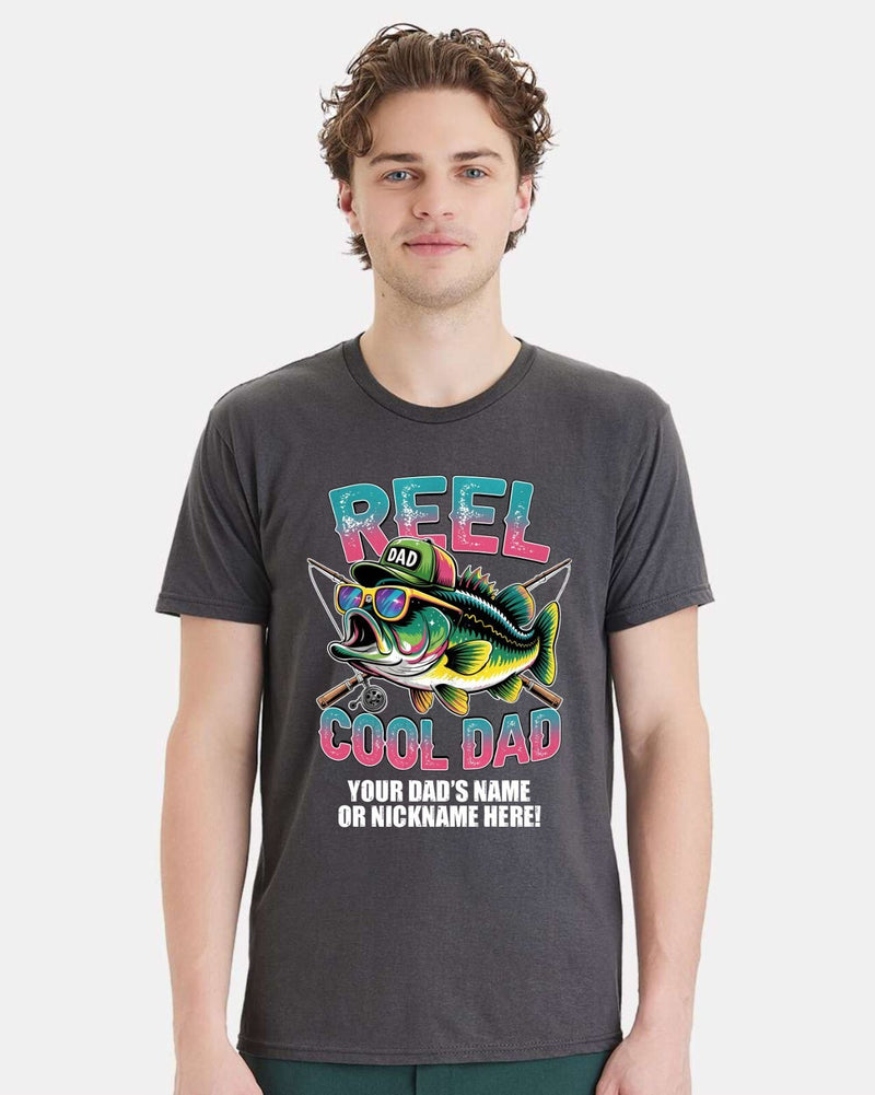 Reel Cool Dad Tshirt Fathers Day Shirt Fish with Hat and Custom Dad's Name Below