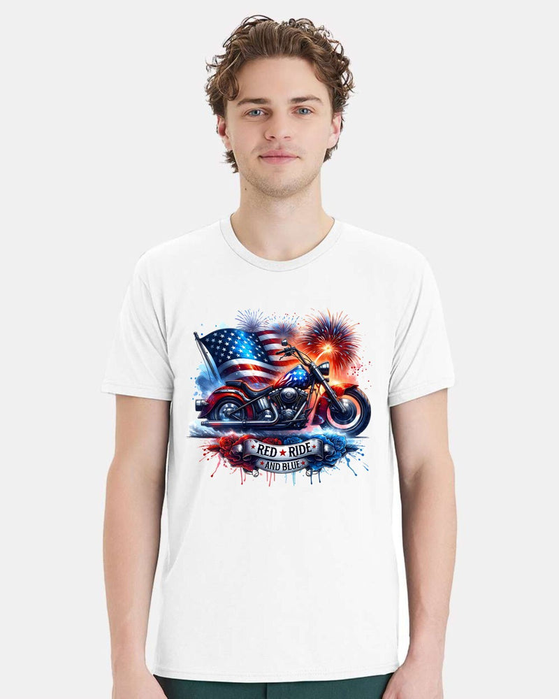 4th of July Independence day Tshirt Red Ride and Blue Motorcycle Printed Tshirt