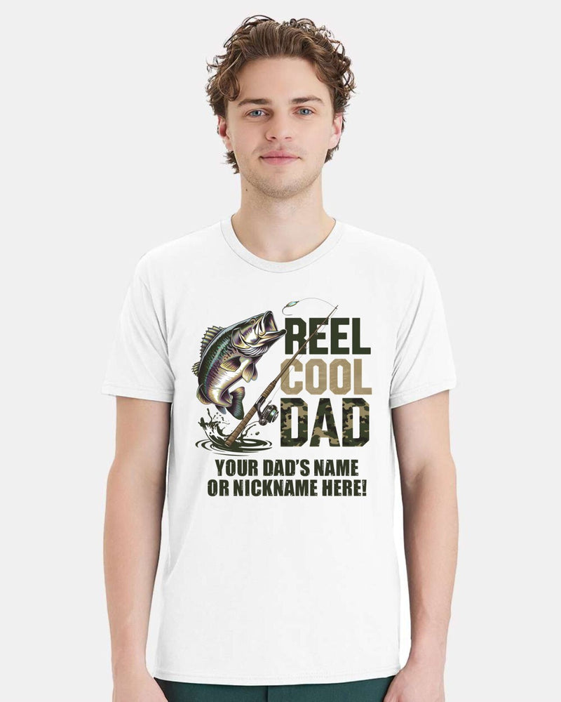 Reel Cool Dad Tshirt Fathers Day CAMO DESIGN with your dad's custom name printed