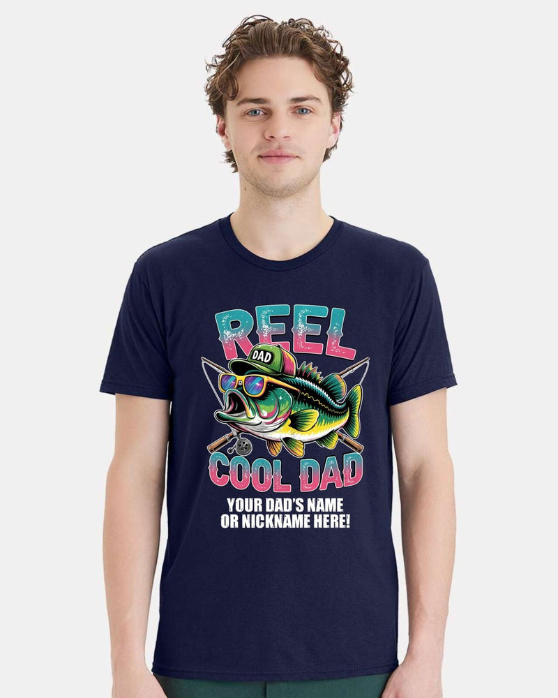 Reel Cool Dad Tshirt Fathers Day Shirt Fish with Hat and Custom Dad's Name Below