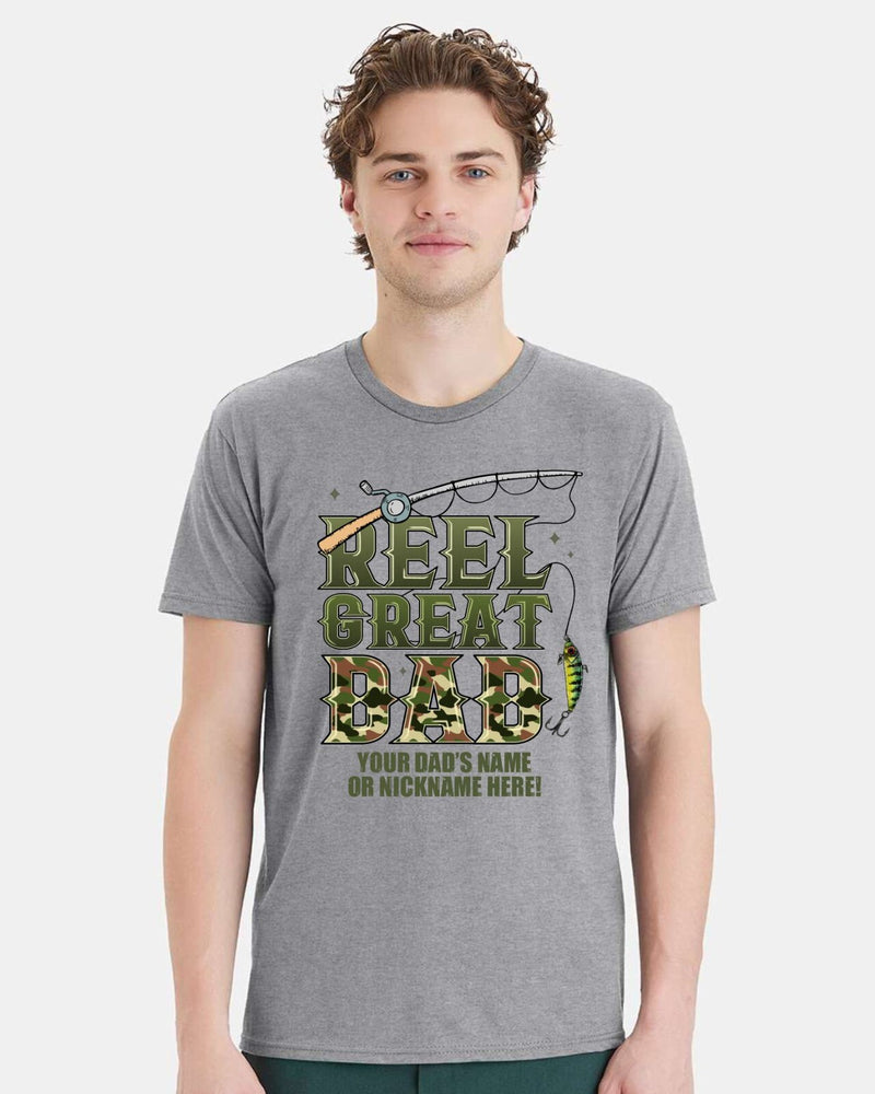 Fathers Day Tshirt Reel Great Dad Pole Fish with your dad's custom name printed