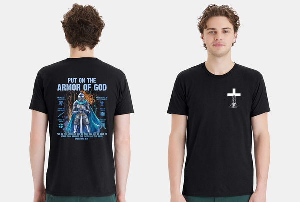 Christian Mens T-shirt "Put on the Full Armor Blue" Black Short Sleeve Shirt