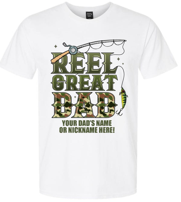 Fathers Day Tshirt Reel Great Dad Pole Fish with your dad's custom name printed
