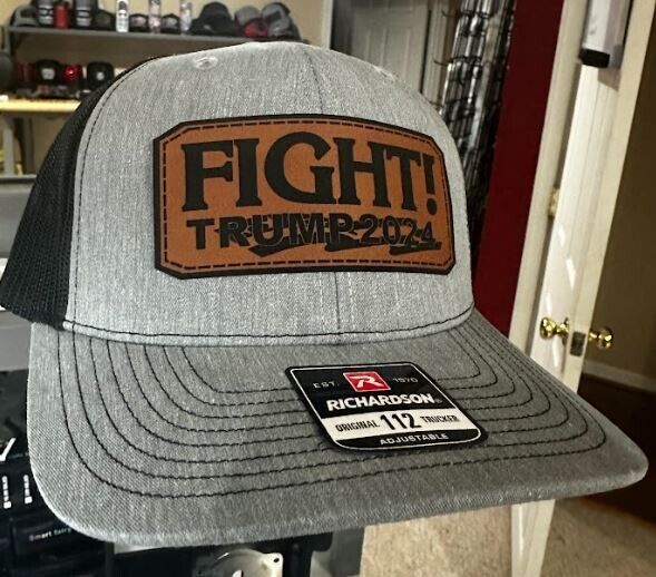 Trump 2024 Bulletproof FIGHT RECTANGLE Heather/Black Leather Badge Hat MAGA