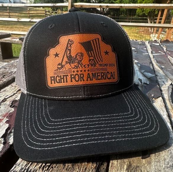Trump Fight for America 47 Leather Badge Adjustable Hat BULLETPROOF Blk/Char