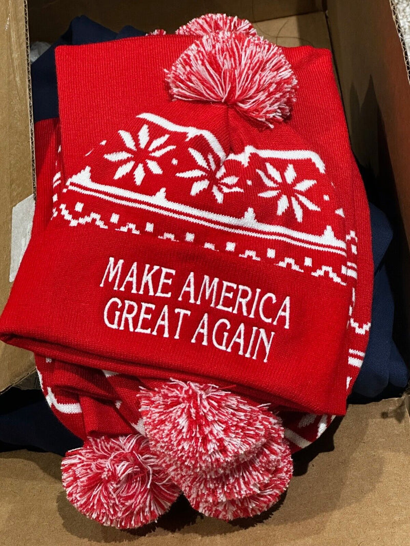 Make America Great Again Trump 2024 Winter Hat with RED Pom Pom (SET OF 2 HAT)