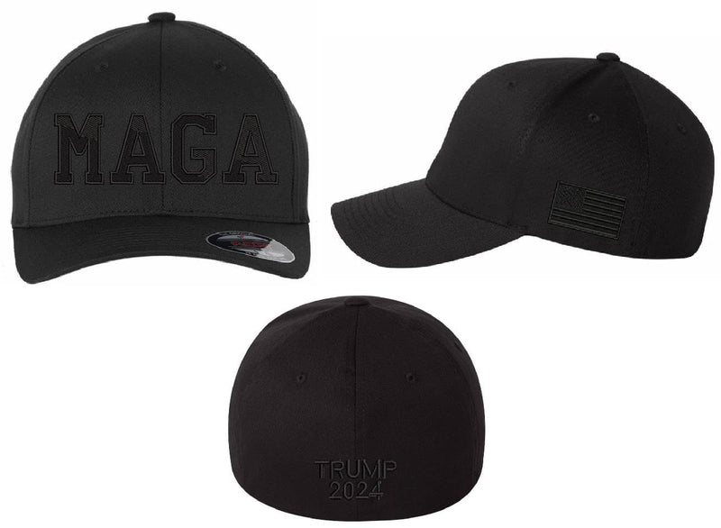 Trump Hat MAGA Hat Making America Great Fitted Black Hat with Side Flag, Trump 2024 on the back. Trump Hat, Trump 2024 Make America Great MAGA Trump hat political support hat