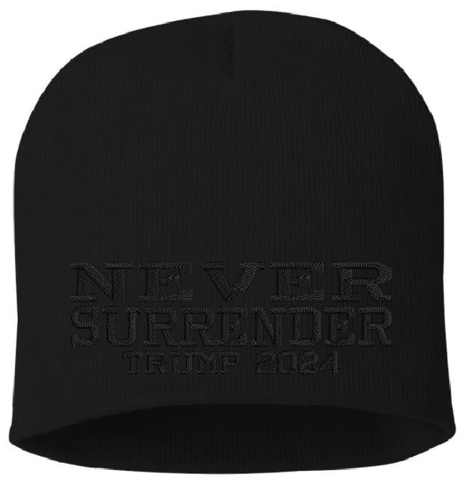 Trump Winter Hat - Embroidered Blackout NEVER SURRENDER Winter Cuff or Beanie Hat
